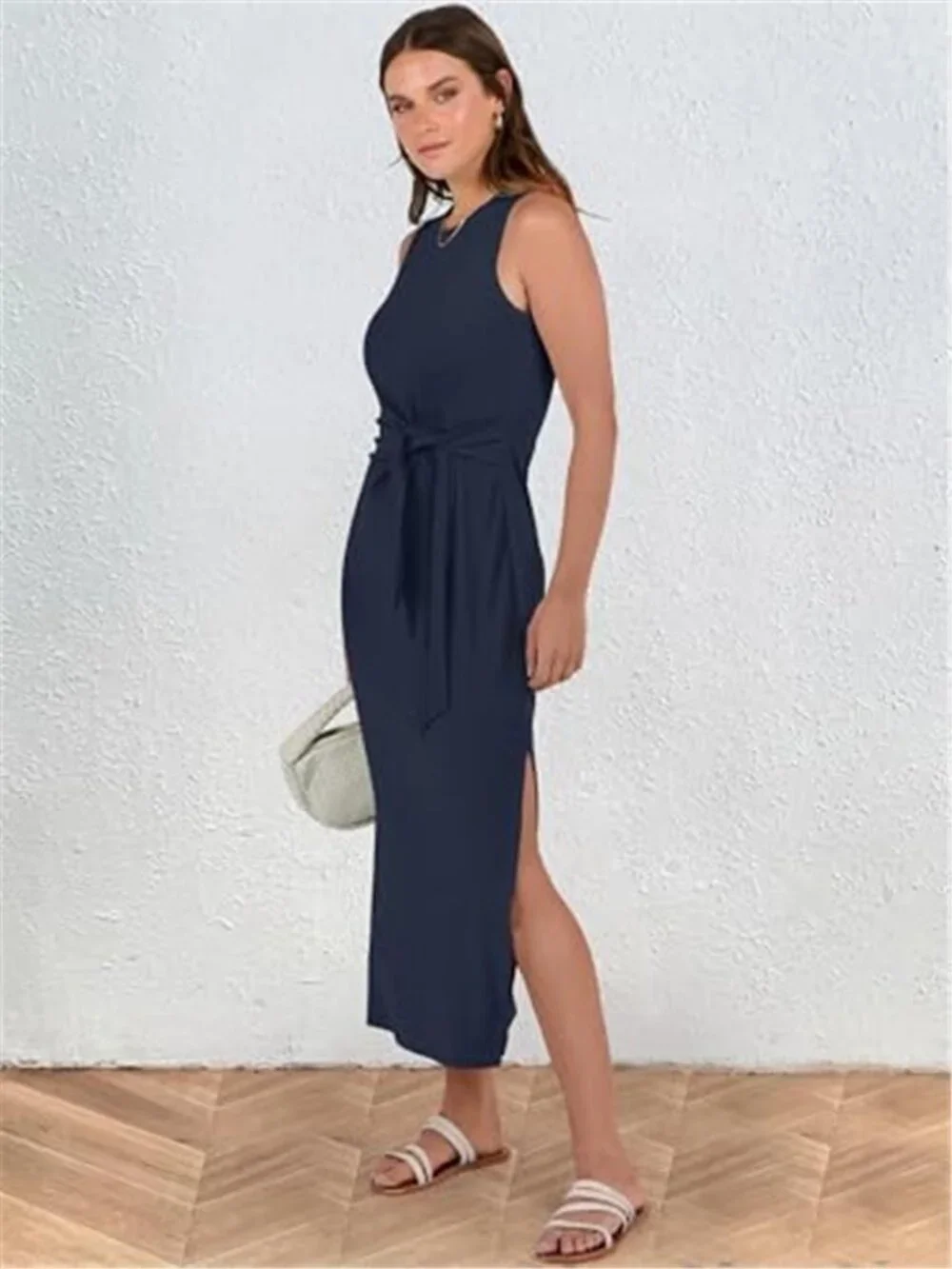 Women's Summer Casual Sleeveless T Shirt Midi Dress Slim Fit Tie Waist